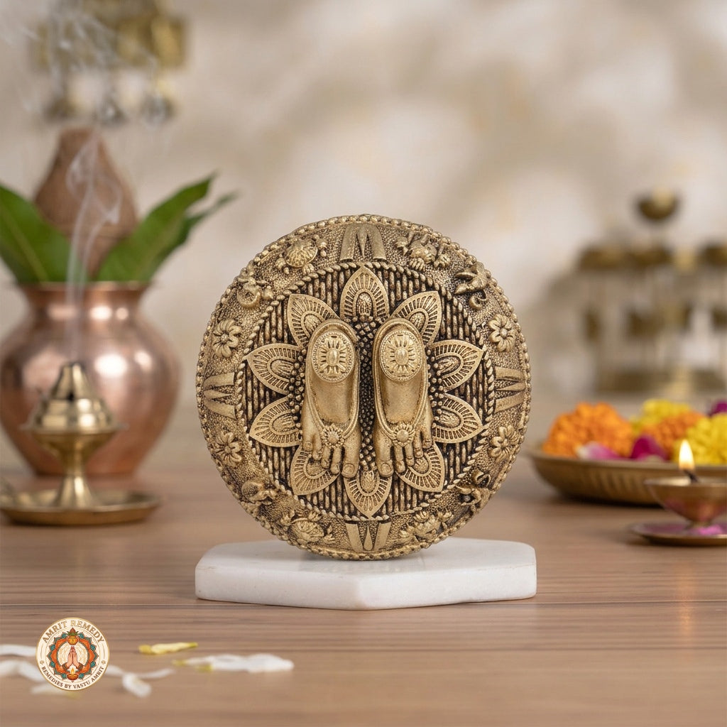Brass Lakshmi Vishnu Charan Paduka for Wealth, Protection & Puja (6.5 cm)