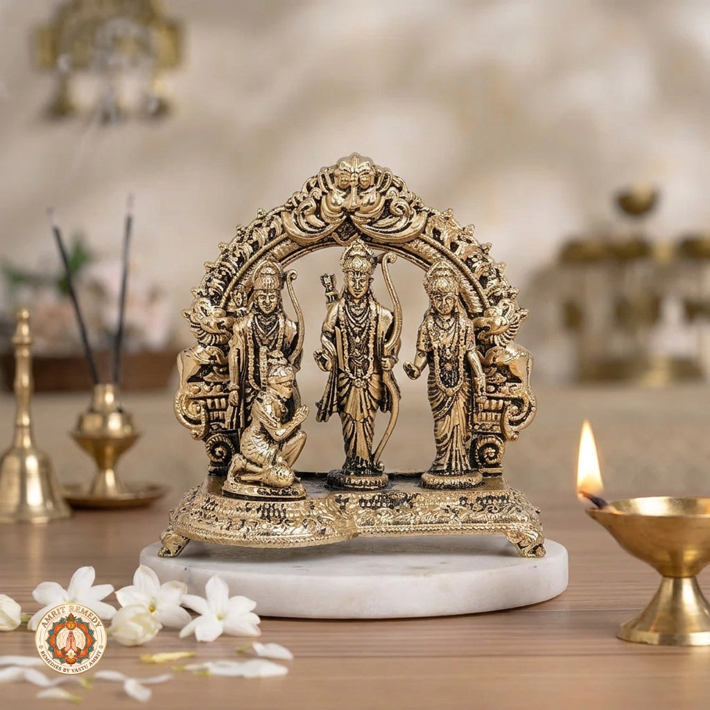 Brass Ram Darbar Murti with Carved Prabhavali for Mandir & Home Decor