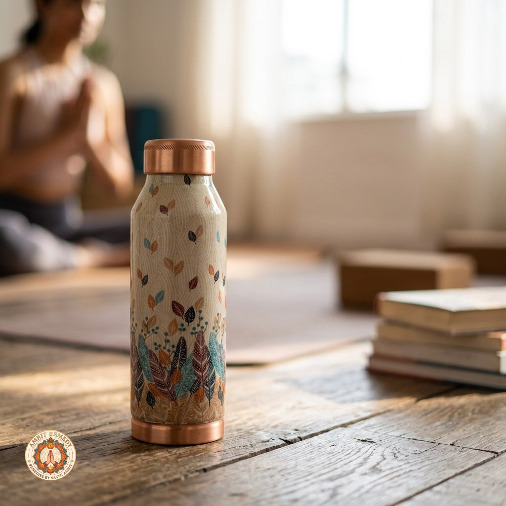 Ayurvedic Pure Copper Bottle with Hand-Applied Feather Motifs (17 cm)