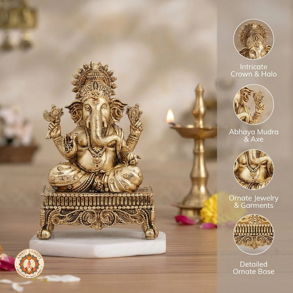 Brass Ganesha Murti on Chowki for Mandir & Office Desk