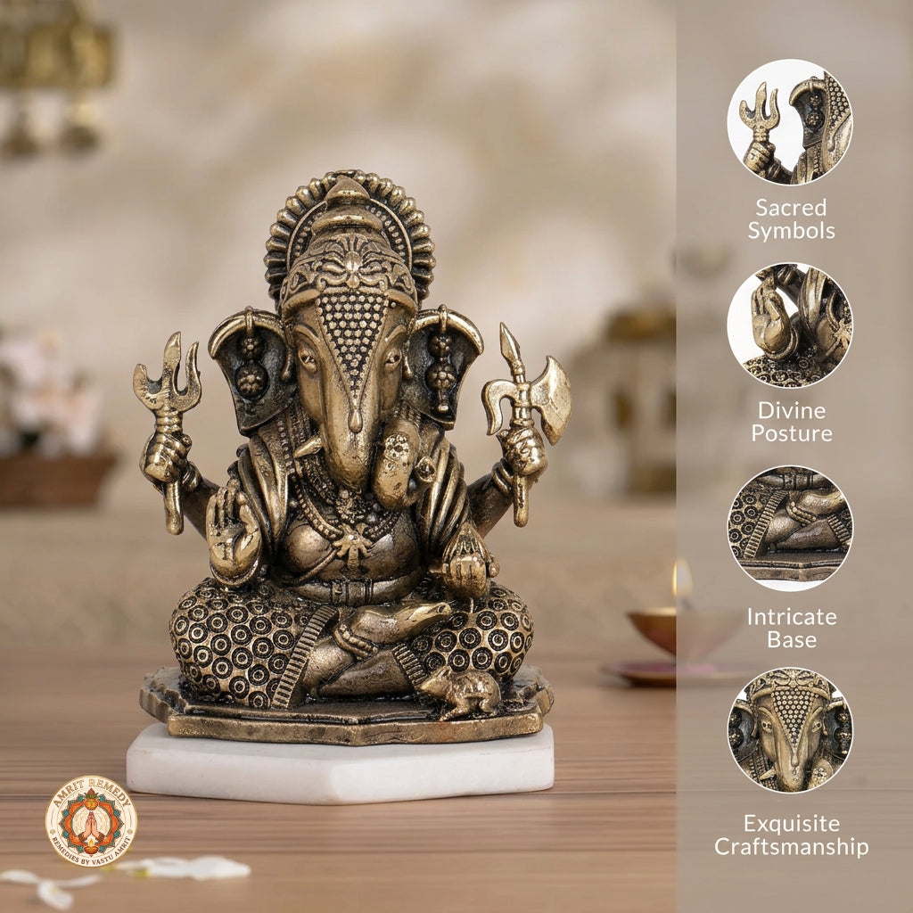 Brass Vighnaharta Ganesh Figurine for Car Dashboard & Workstation