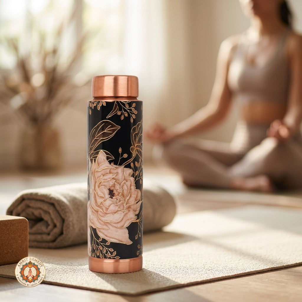 Handcrafted Pure Copper Water Bottle with Hand-Painted Blush Rose & Black Enamel Artwork (18 cm)
