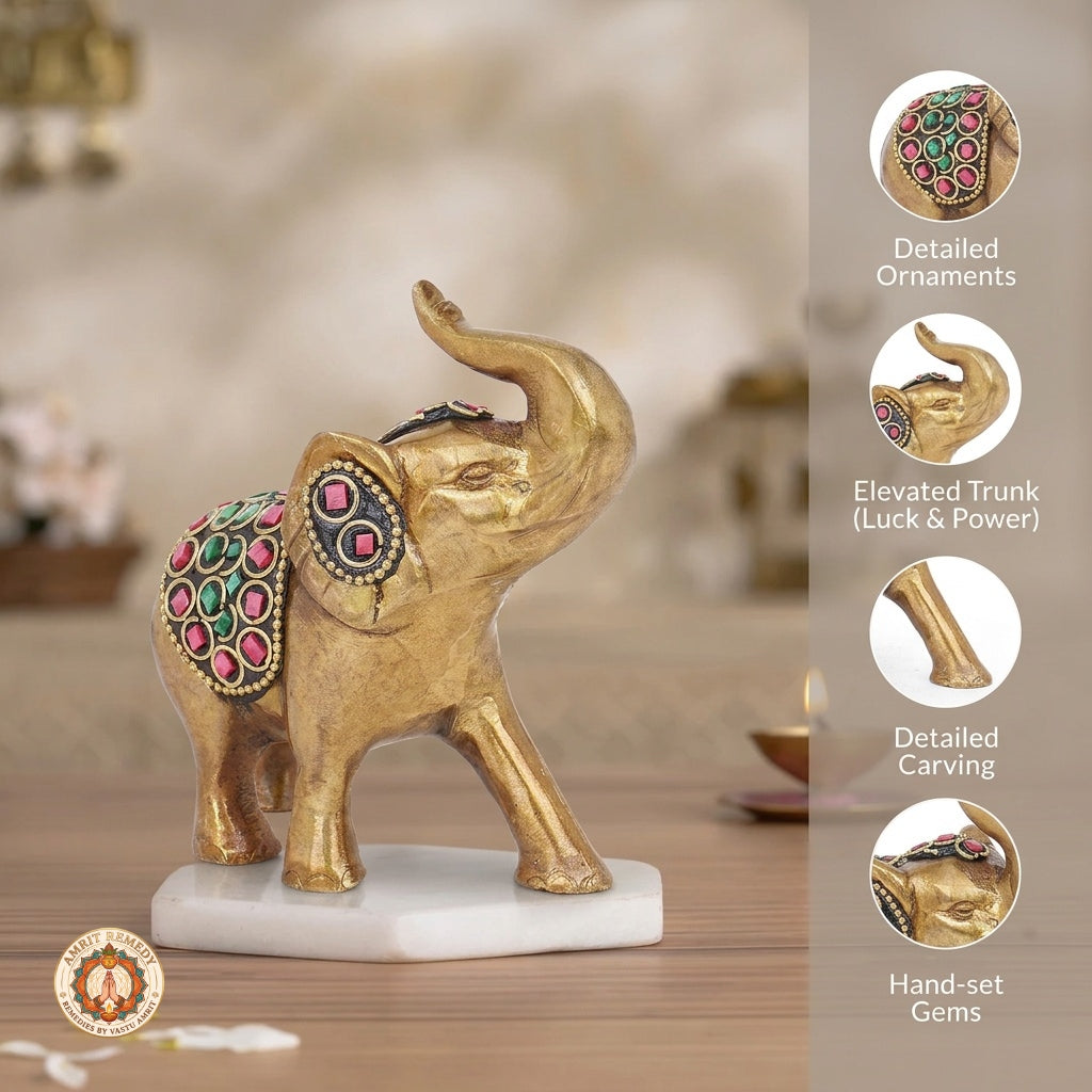 Brass Trunk-Up Elephant with Stone Work for Decor & Vastu (12 cm)