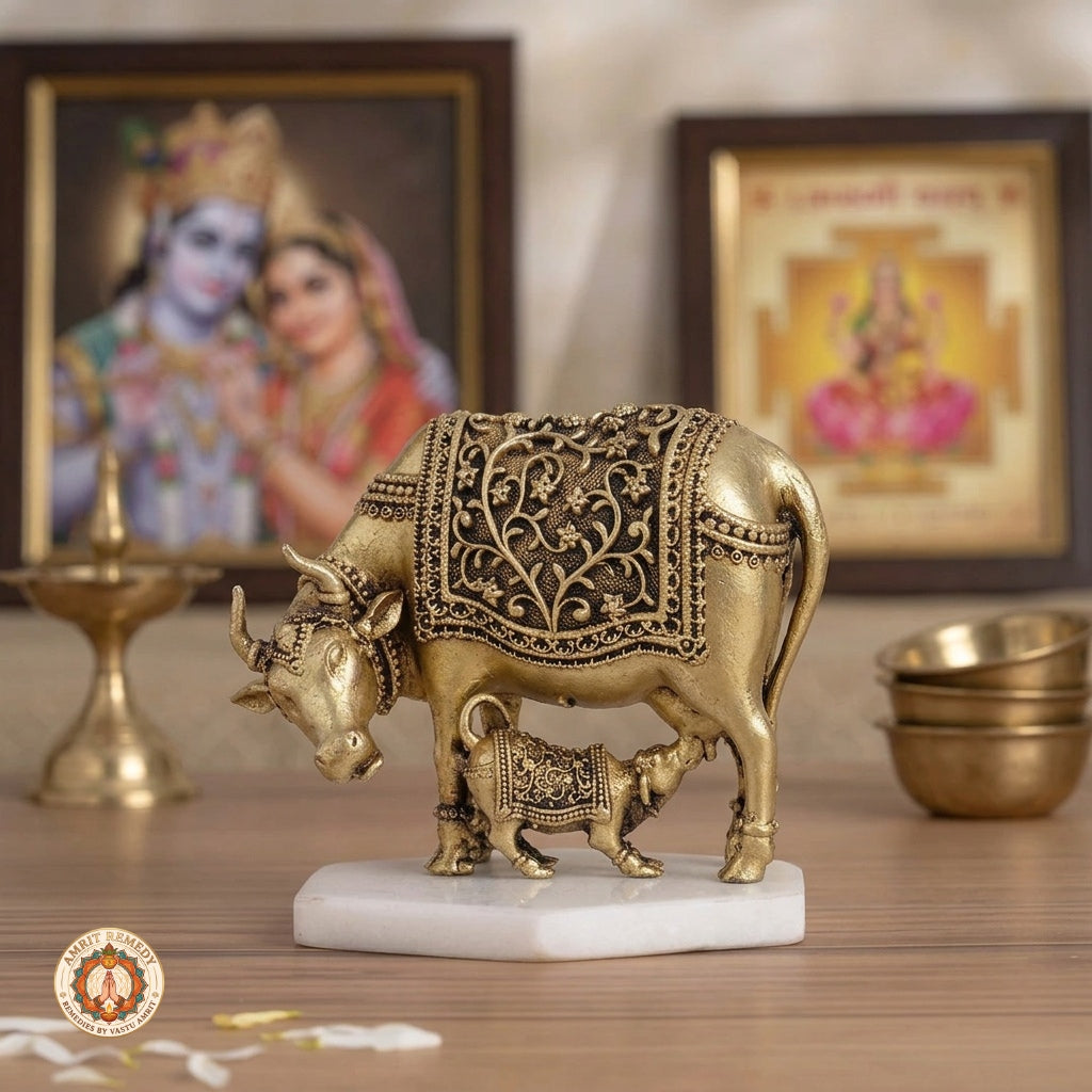Brass Kamdhenu Cow and Calf Murti for Abundance, Wish Fulfillment & Domestic Peace