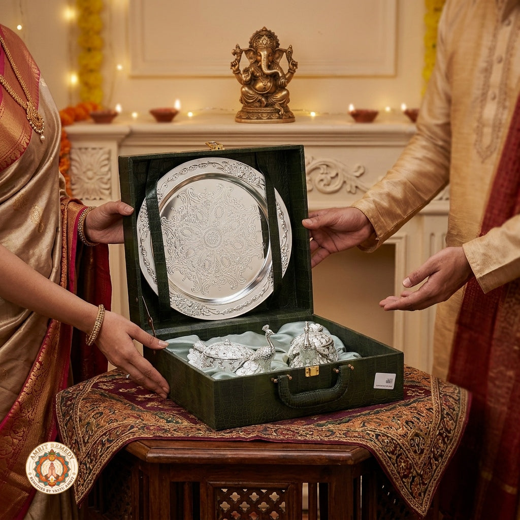 Auspicious Silver Finish Peacock Bhog & Dry Fruit Tray Set in Luxury Gift Box