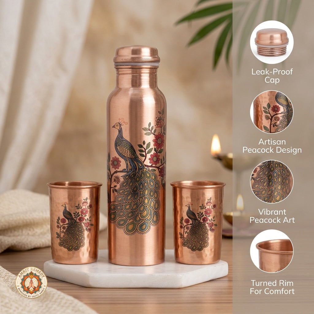 Pure Copper Bottle & Tumbler Drinkware Set with Royal Peacock Print (27 cm)