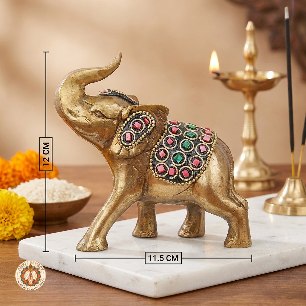 Brass Trunk-Up Elephant with Stone Work for Decor & Vastu (12 cm)