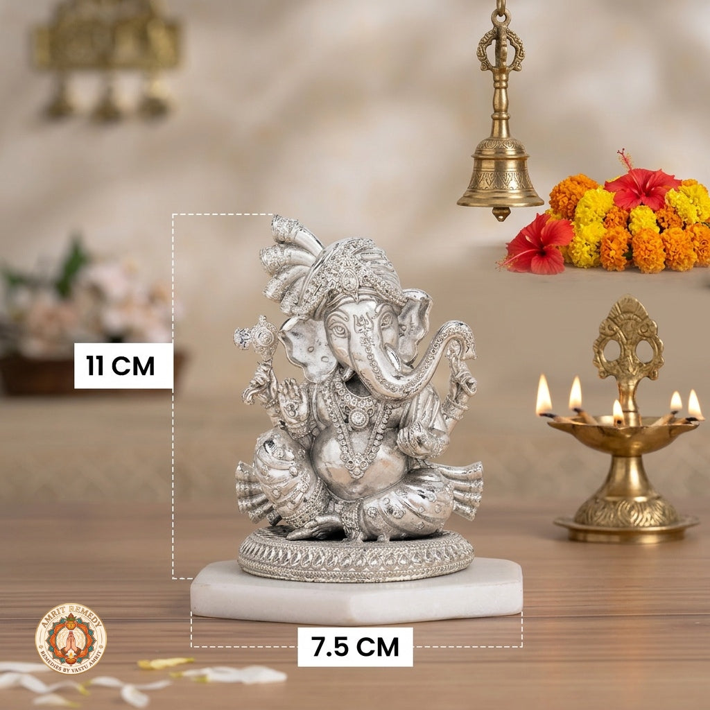 Silver Plated Brass Pagdi Ganesha Murti for Mandir & Living Room (11 cm)