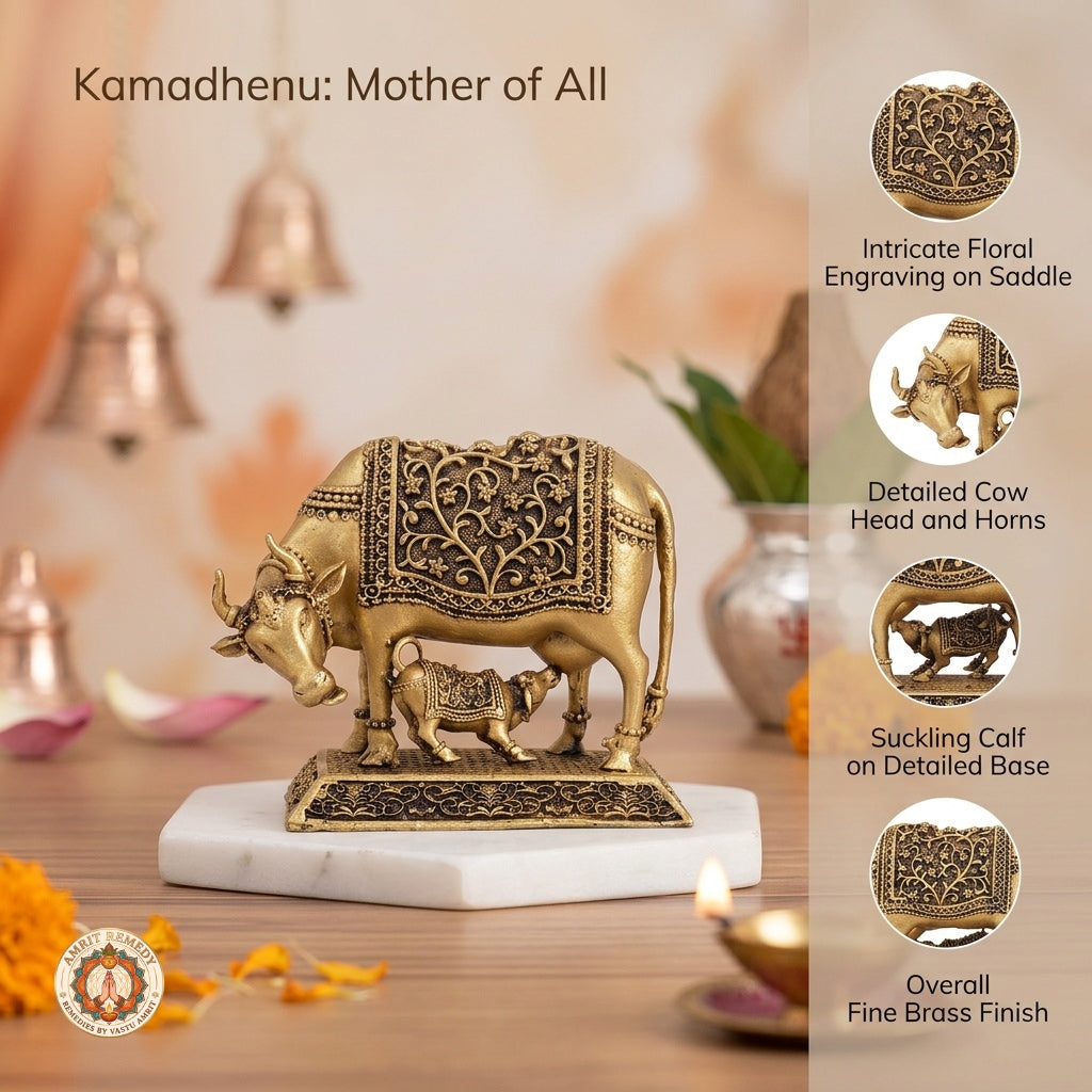 Brass Kamadhenu with Calf Idol for Abundance, Fertility & Peace