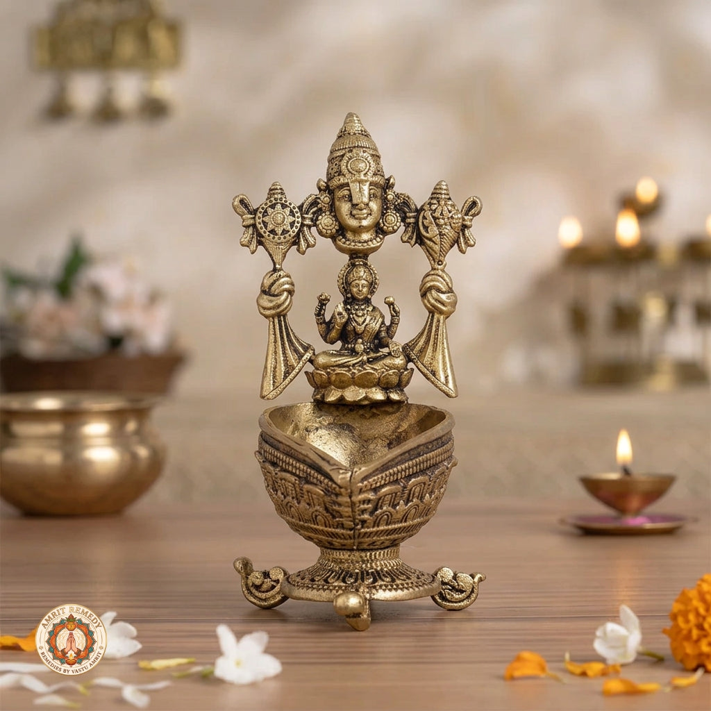 Brass Lakshmi Venkateswara Deepam for Vastu, Prosperity & Puja (8.5 cm)
