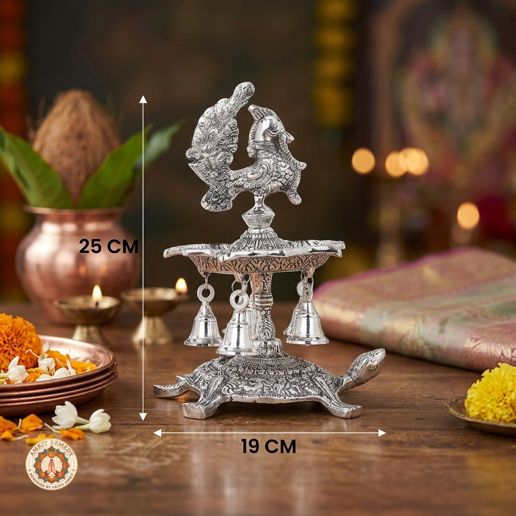 Silver Plated Peacock Diya with Tortoise Pedestal & Bells (25 cm)