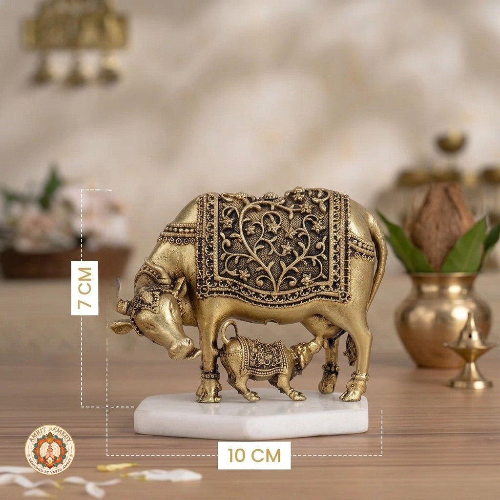 Brass Kamdhenu Cow and Calf Murti for Abundance, Wish Fulfillment & Domestic Peace