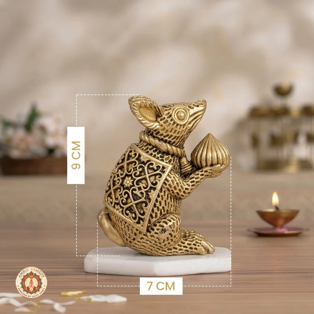Brass Mooshak Vahana Murti with Modak for Home Mandir & Office Desk (9 cm)