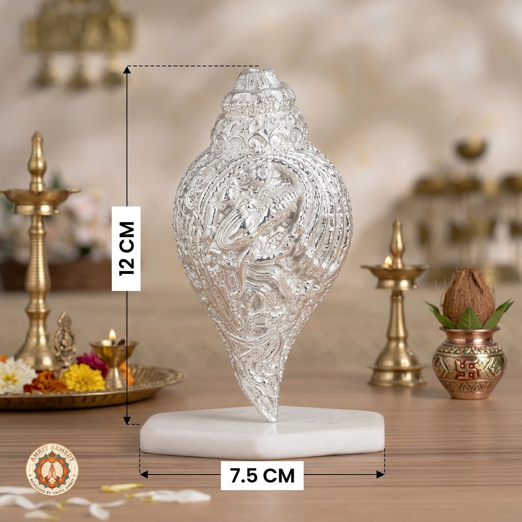 Silver Plated Brass Dakshinavarti Vishnu Shankha for Wealth & Protection (12 cm)