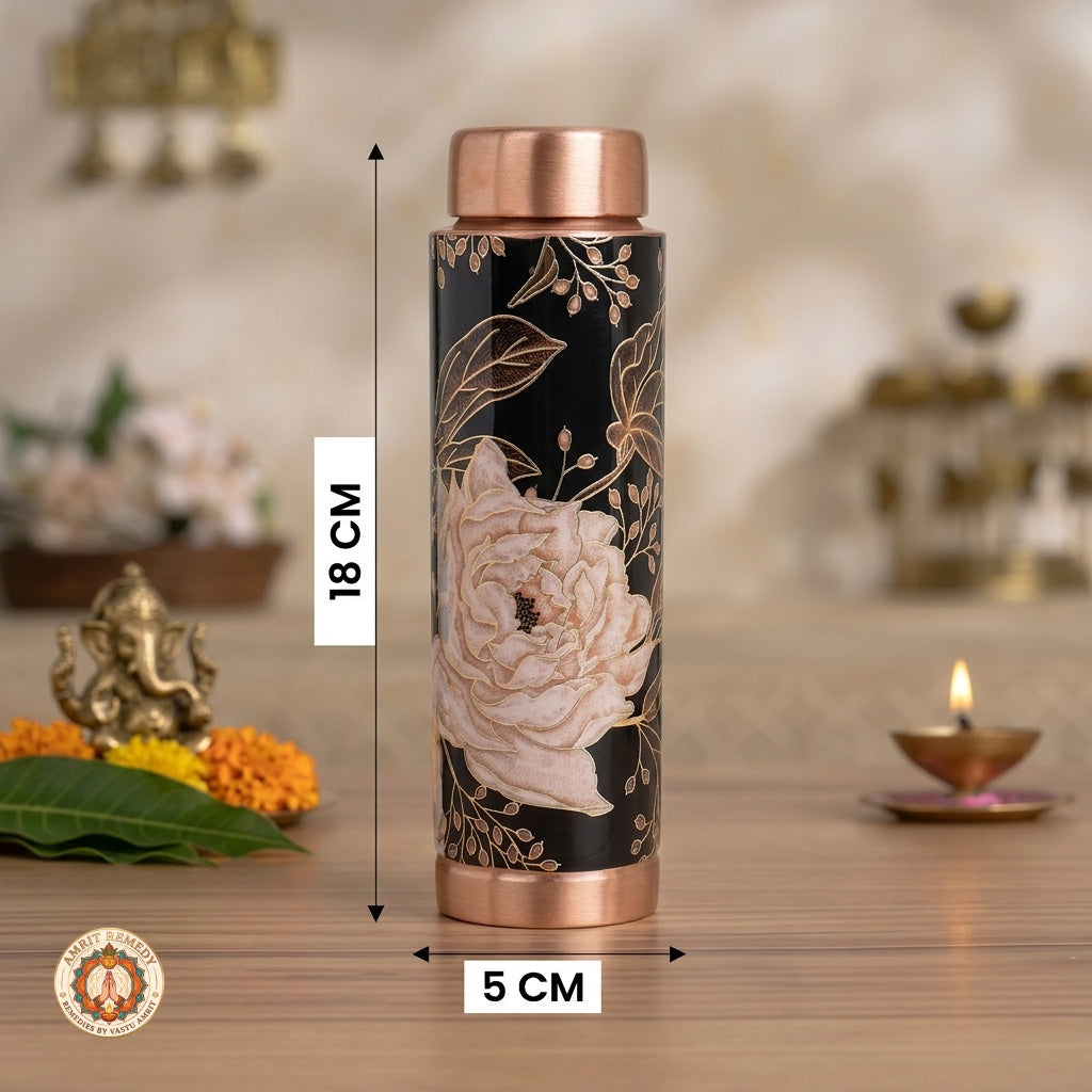 Handcrafted Pure Copper Water Bottle with Hand-Painted Blush Rose & Black Enamel Artwork (18 cm)
