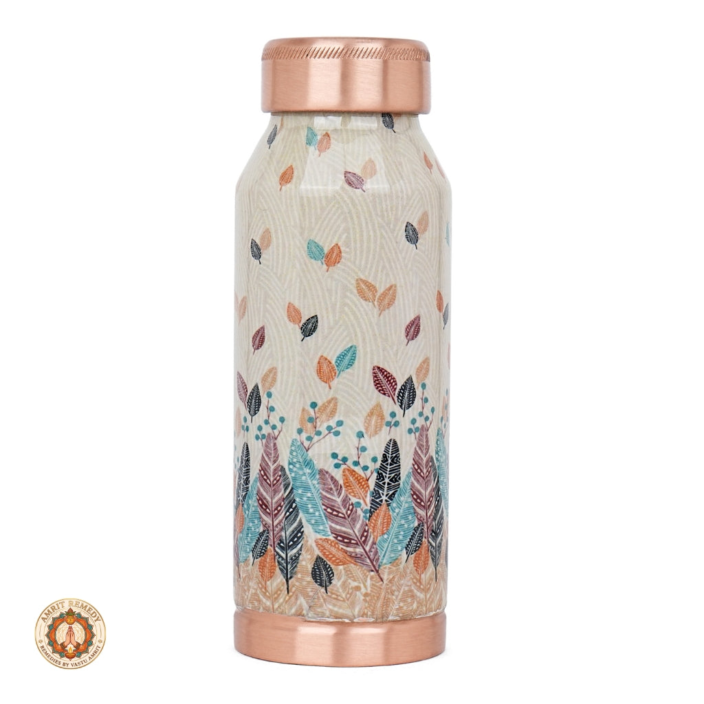Ayurvedic Pure Copper Bottle with Hand-Applied Feather Motifs (17 cm)