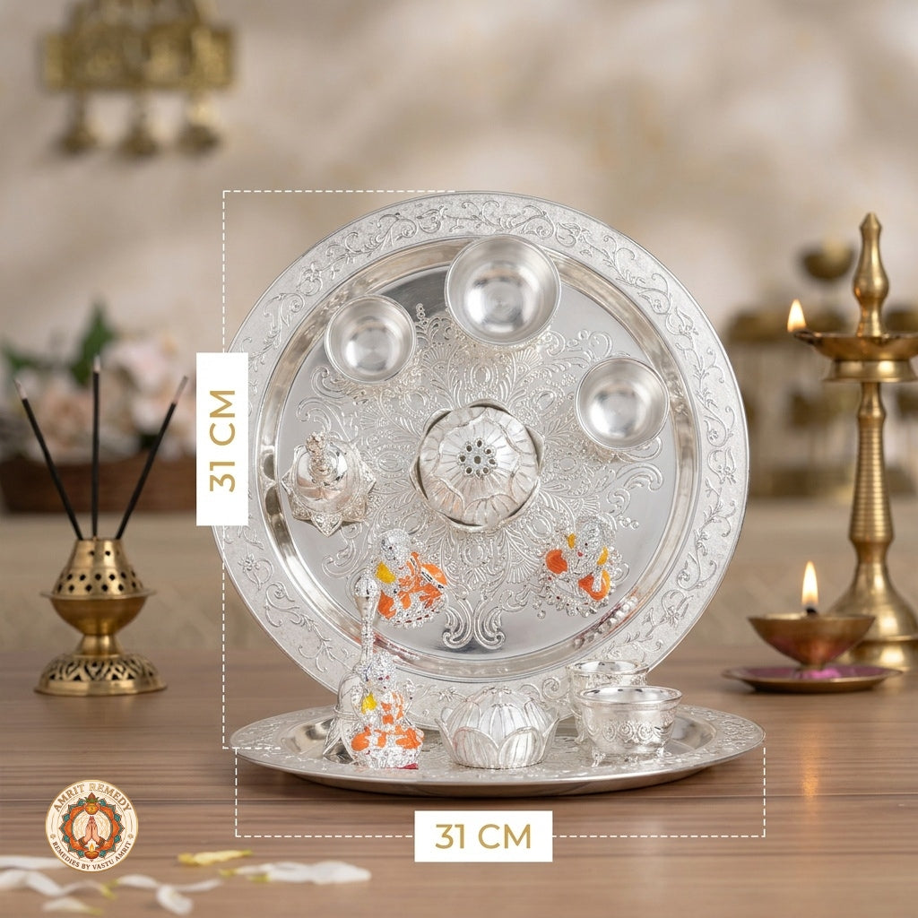 Auspicious Silver Plated Complete Mandir Thali Set in Leatherette Suitcase Gift Box