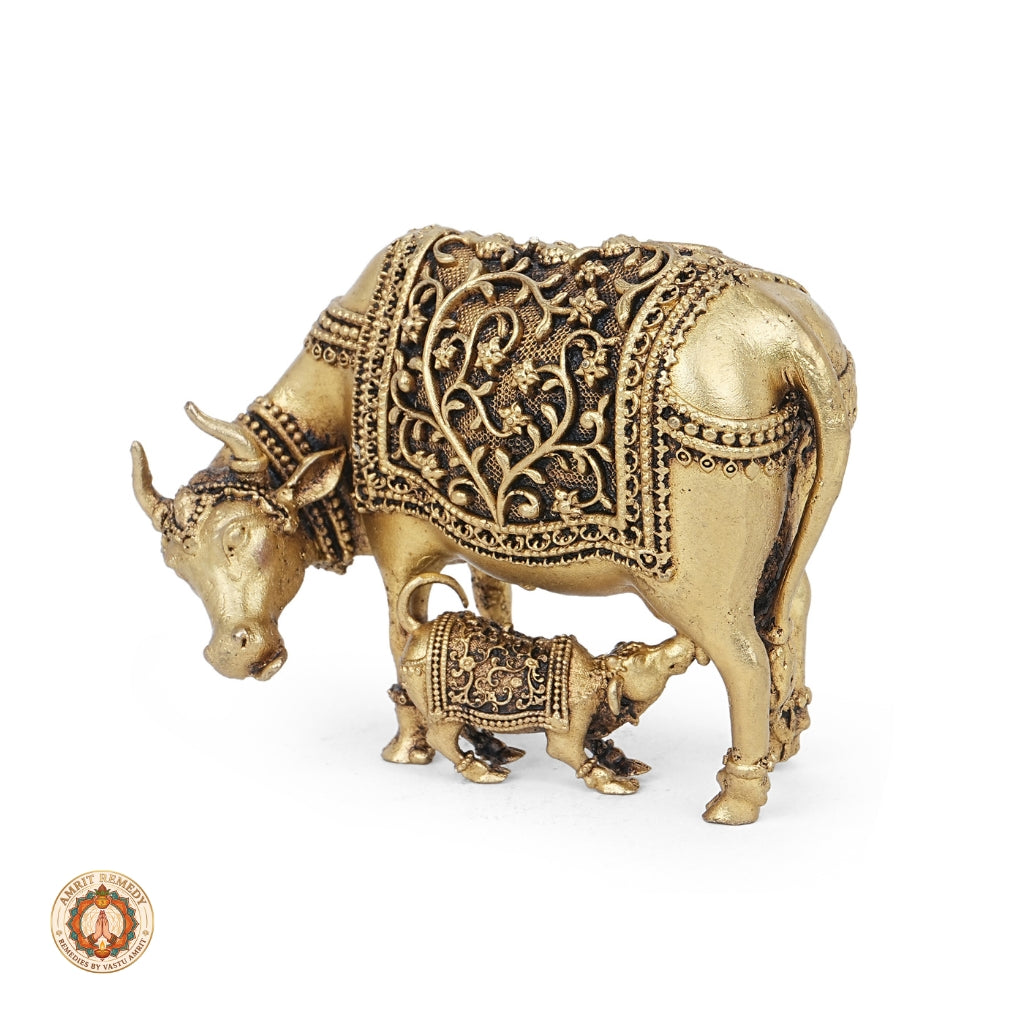 Brass Kamdhenu Cow and Calf Murti for Abundance, Wish Fulfillment & Domestic Peace