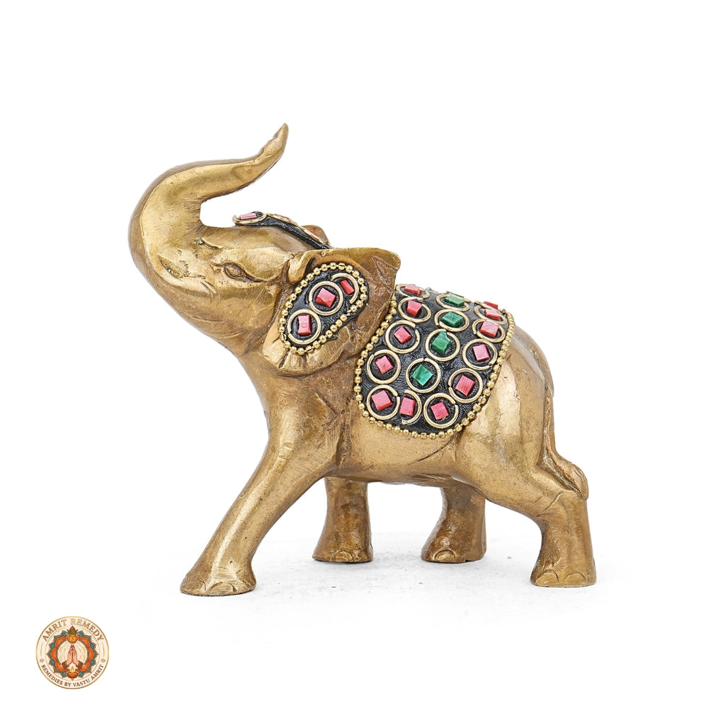 Brass Trunk-Up Elephant with Stone Work for Decor & Vastu (12 cm)