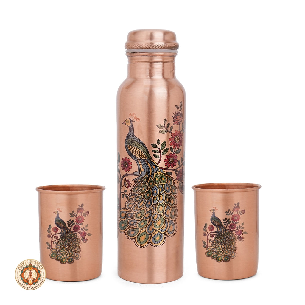 Pure Copper Bottle & Tumbler Drinkware Set with Royal Peacock Print (27 cm)
