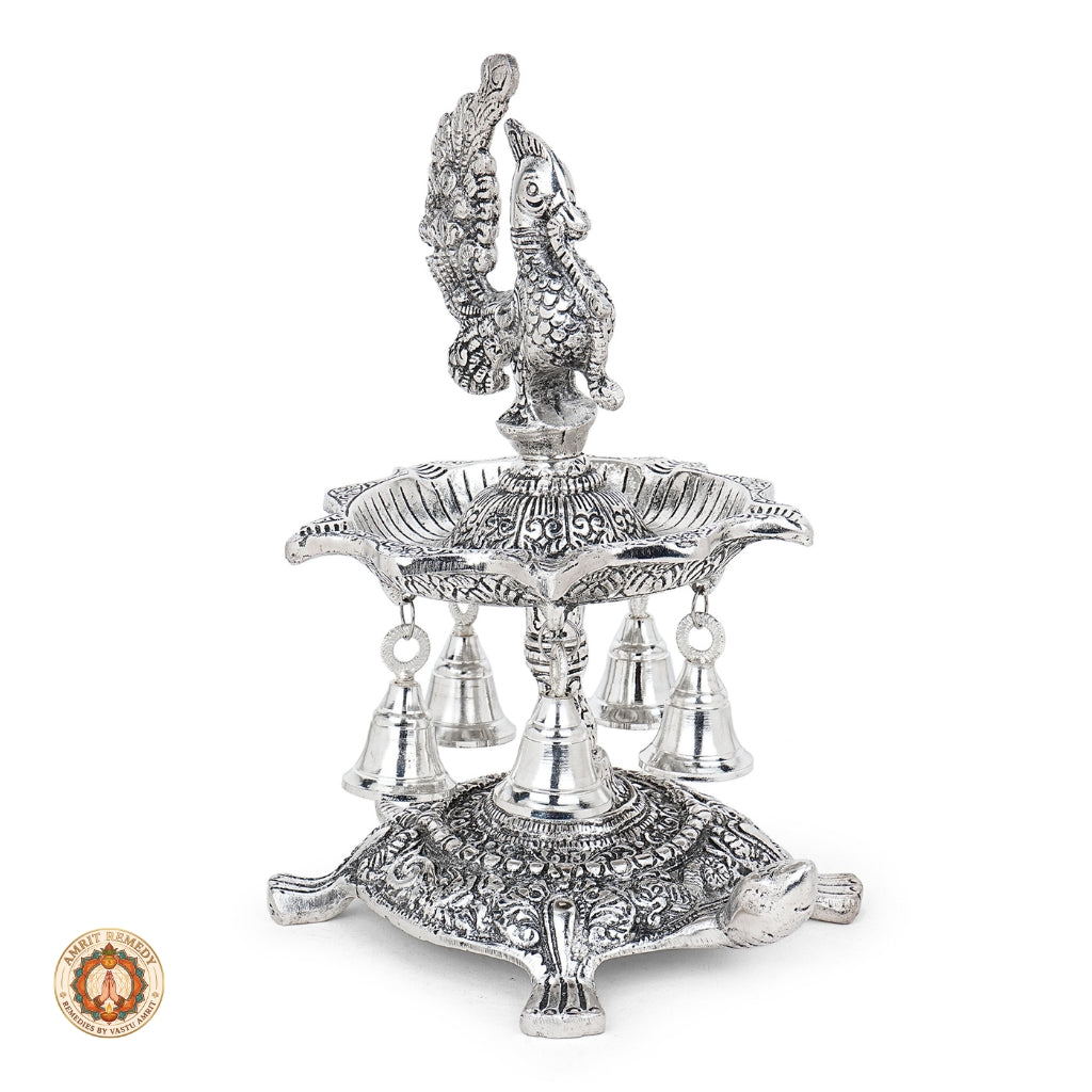 Silver Plated Peacock Diya with Tortoise Pedestal & Bells (25 cm)