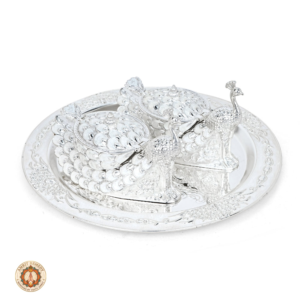 Auspicious Silver Finish Peacock Bhog & Dry Fruit Tray Set in Luxury Gift Box