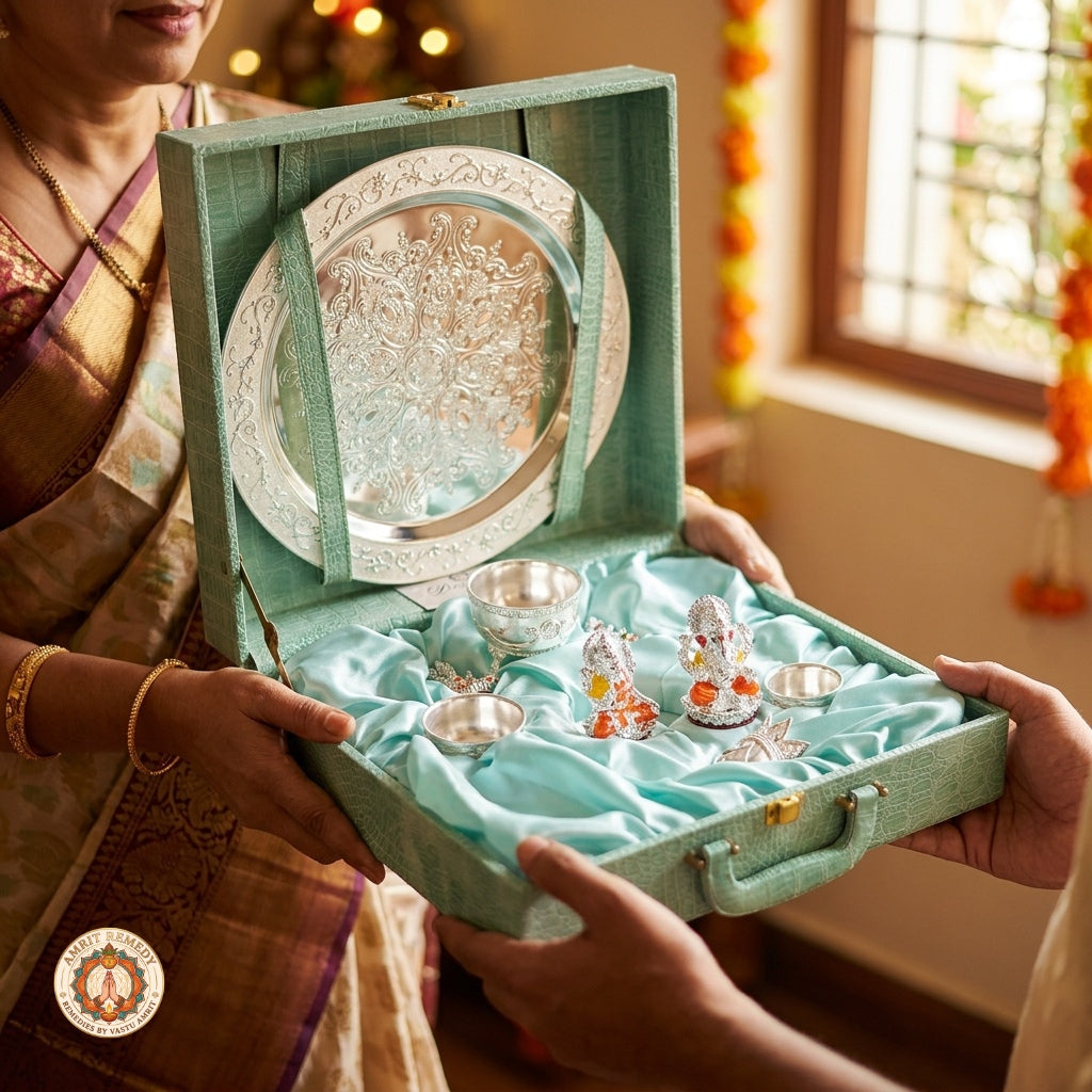 Auspicious Silver Plated Complete Mandir Thali Set in Leatherette Suitcase Gift Box