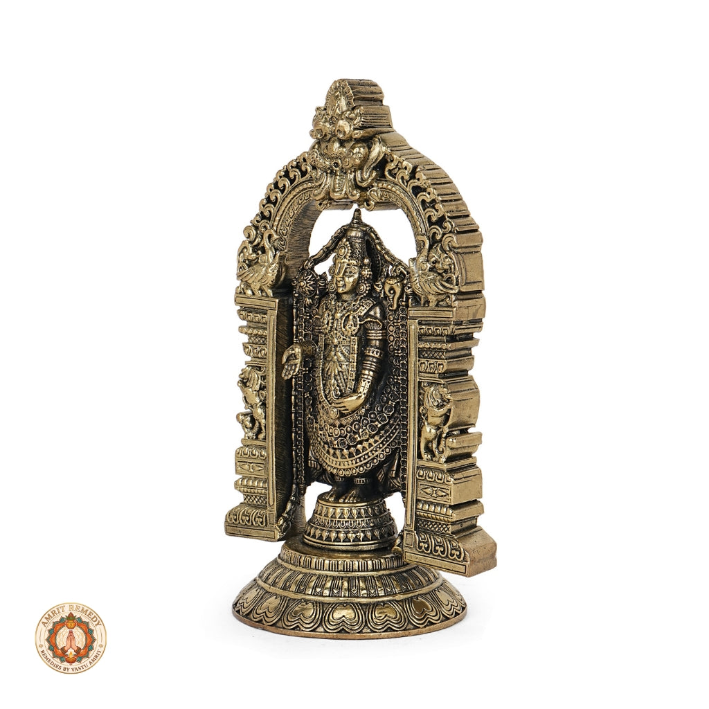 Brass Tirupati Balaji Murti with Prabhavali Arch for Wealth, Debt Relief & Vastu (17 cm)