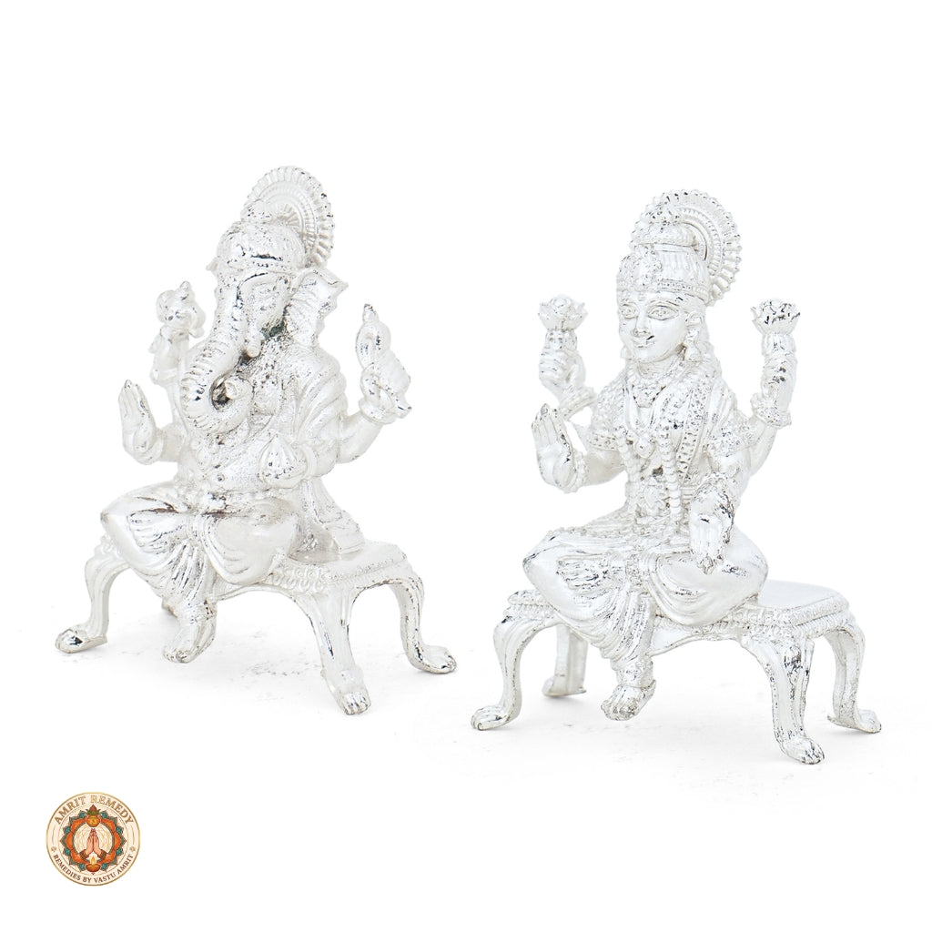 Silver Plated Brass Laxmi Ganesh Murti Set on Singhasan (5.5 cm)