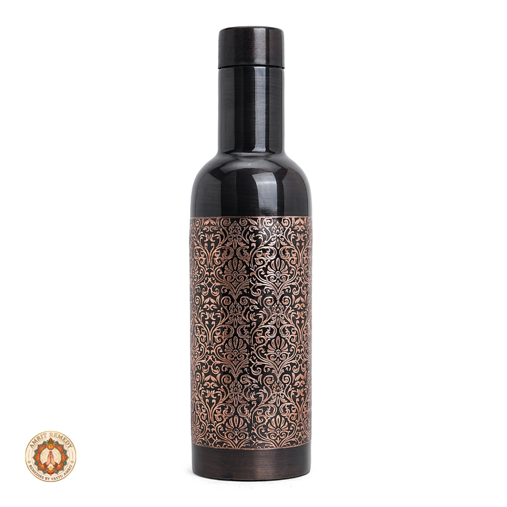 Antique Finish Pure Copper Bottle with Intricate Etched Band (27 cm)