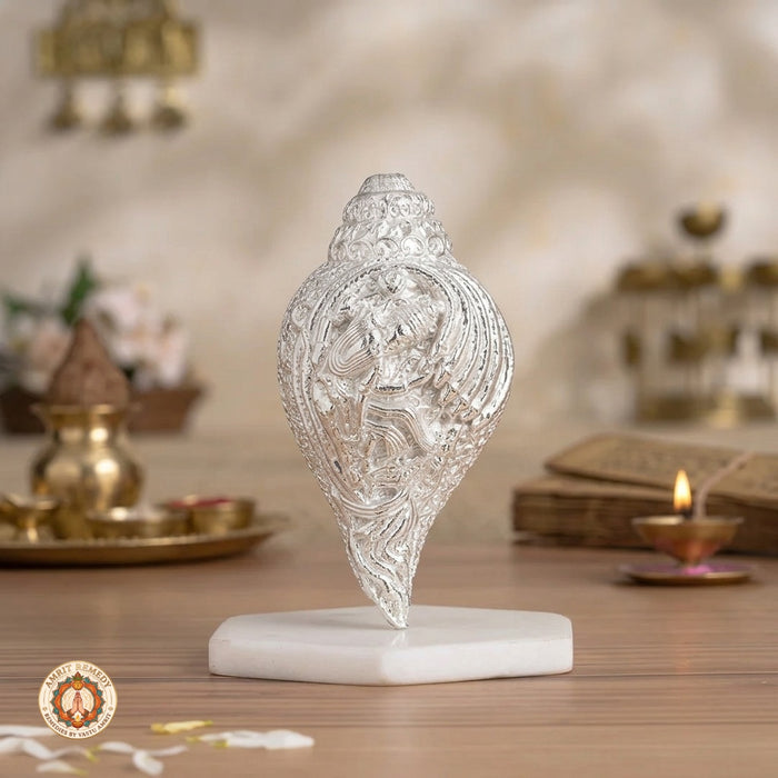 Silver Plated Brass Dakshinavarti Vishnu Shankha for Wealth & Protection (7.5 cm)