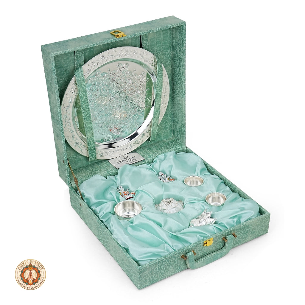Auspicious Silver Plated Complete Mandir Thali Set in Leatherette Suitcase Gift Box