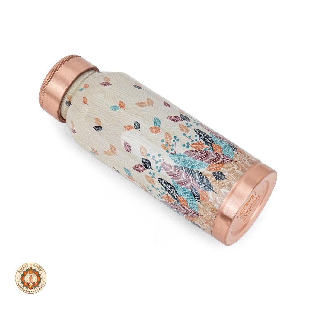 Ayurvedic Pure Copper Bottle with Hand-Applied Feather Motifs (17 cm)