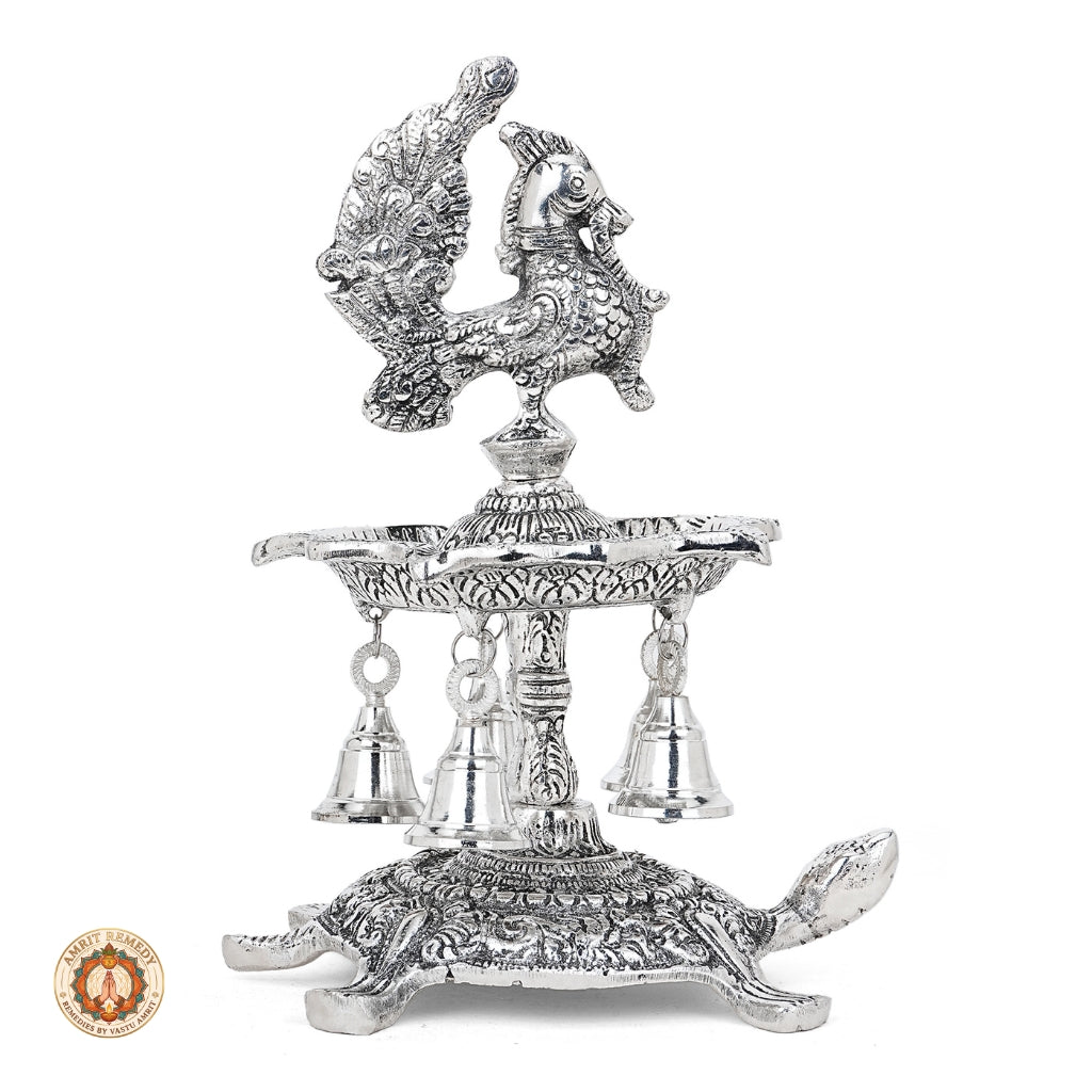 Silver Plated Peacock Diya with Tortoise Pedestal & Bells (25 cm)