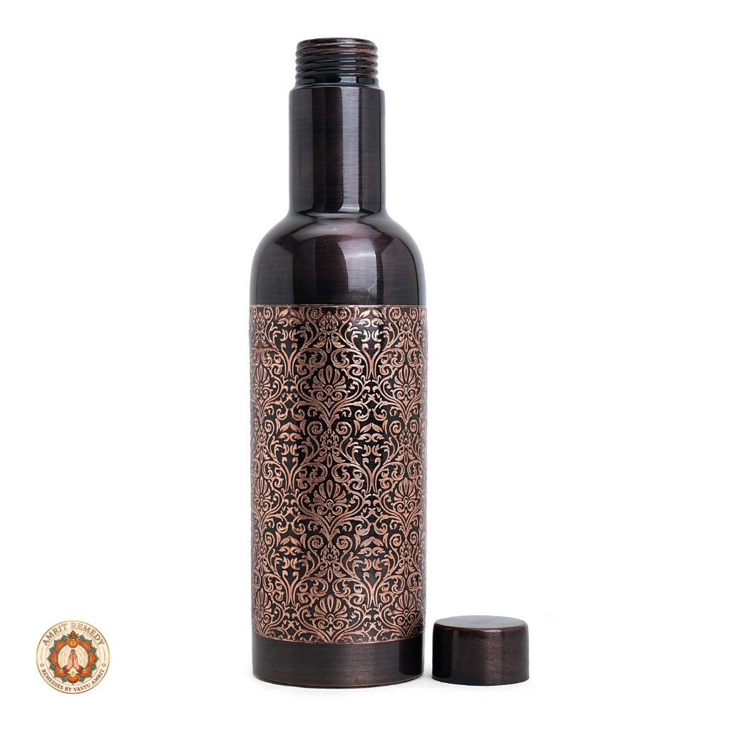 Antique Finish Pure Copper Bottle with Intricate Etched Band (27 cm)