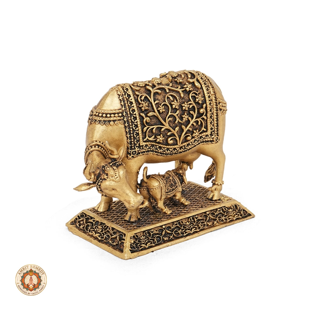 Brass Kamadhenu with Calf Idol for Abundance, Fertility & Peace