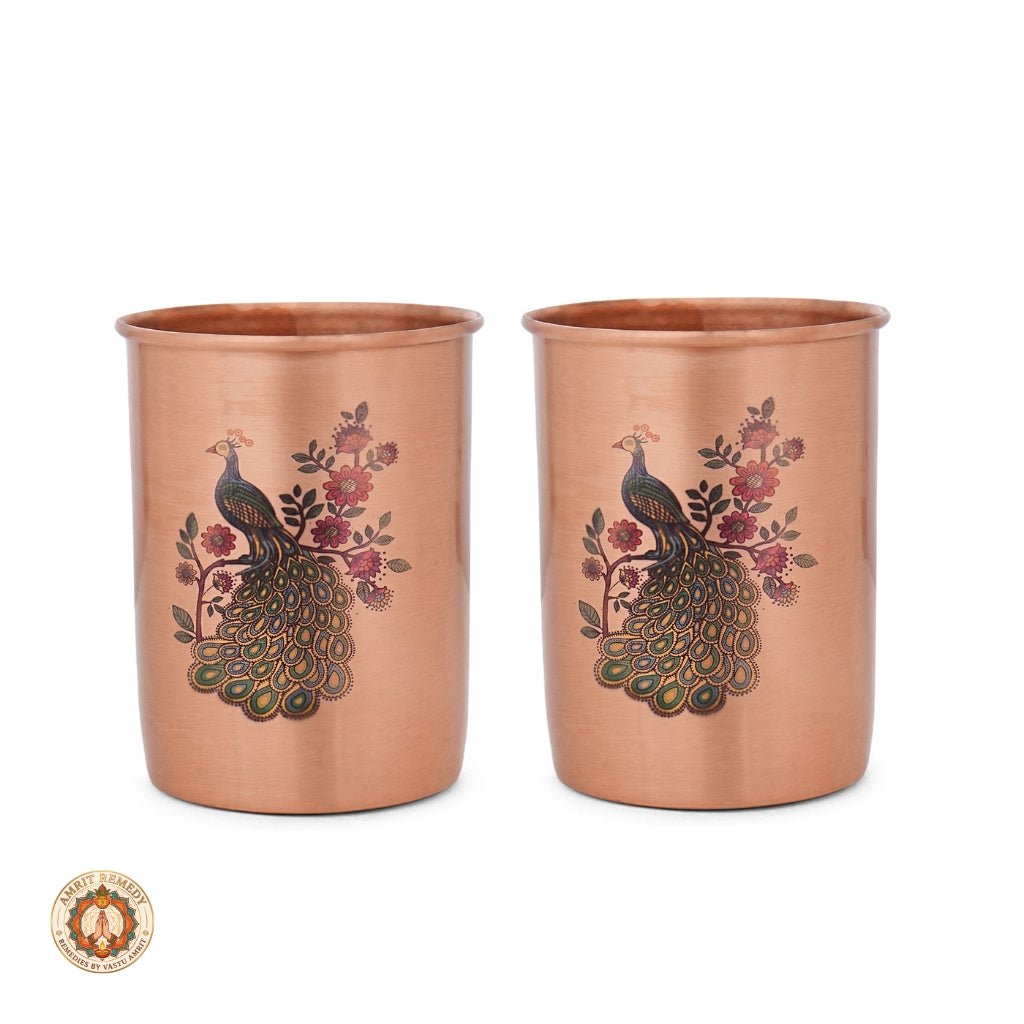 Pure Copper Bottle & Tumbler Drinkware Set with Royal Peacock Print (27 cm)