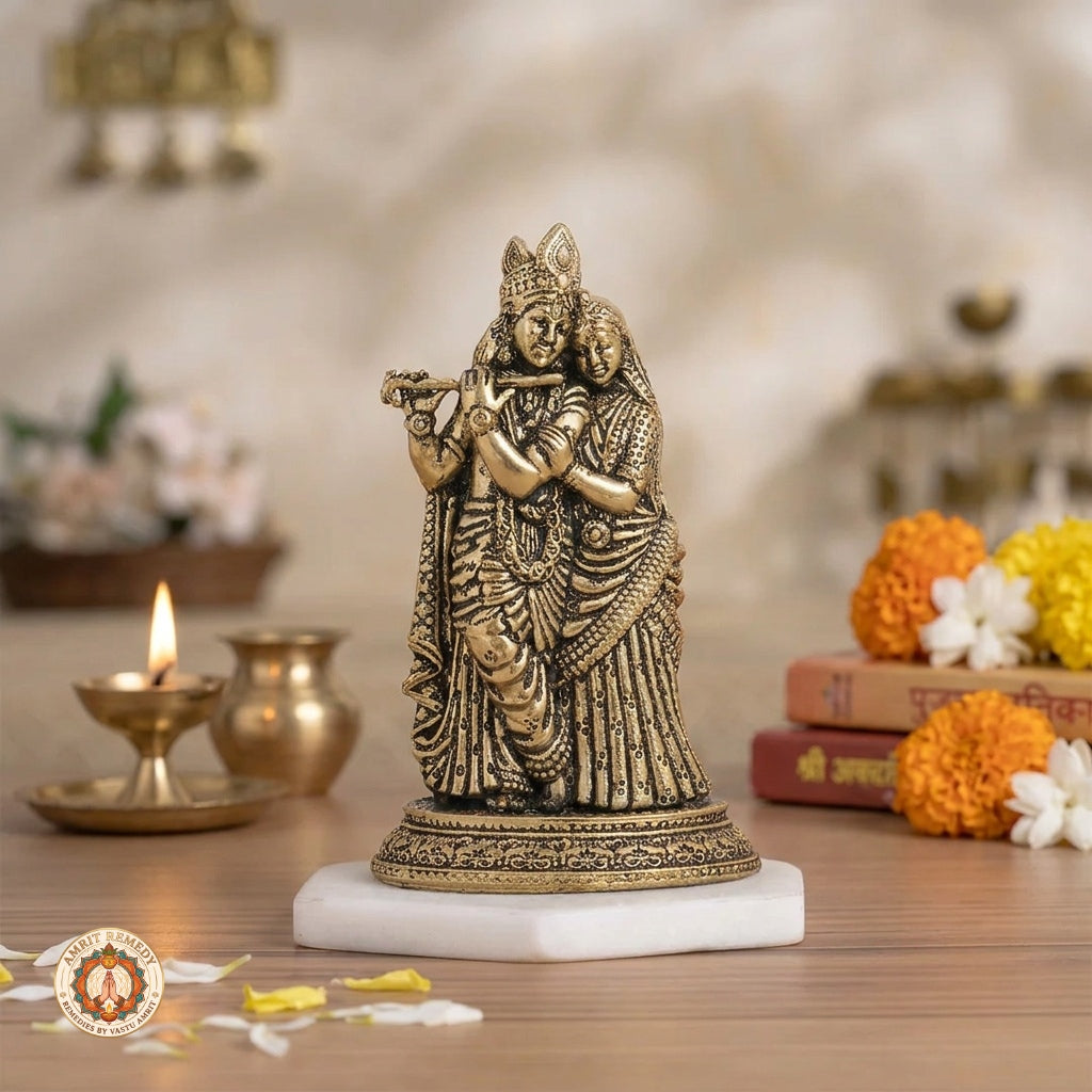 BrassRadha Krishna Murti for Home Temple & Car Dashboard (9.5 cm)