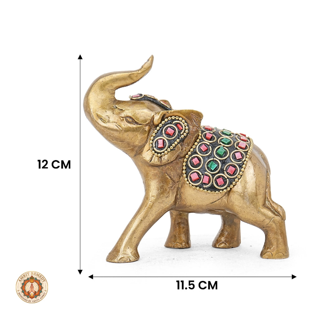 Brass Trunk-Up Elephant with Stone Work for Decor & Vastu (12 cm)