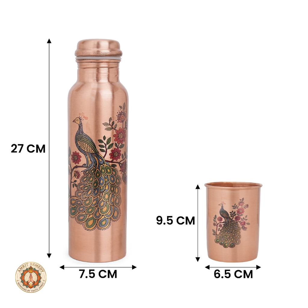 Pure Copper Bottle & Tumbler Drinkware Set with Royal Peacock Print (27 cm)
