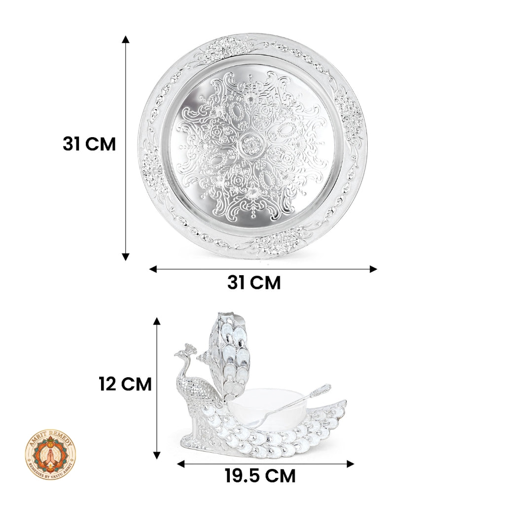 Auspicious Silver Finish Peacock Bhog & Dry Fruit Tray Set in Luxury Gift Box