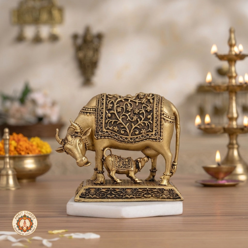 Brass Kamadhenu with Calf Idol for Abundance, Fertility & Peace