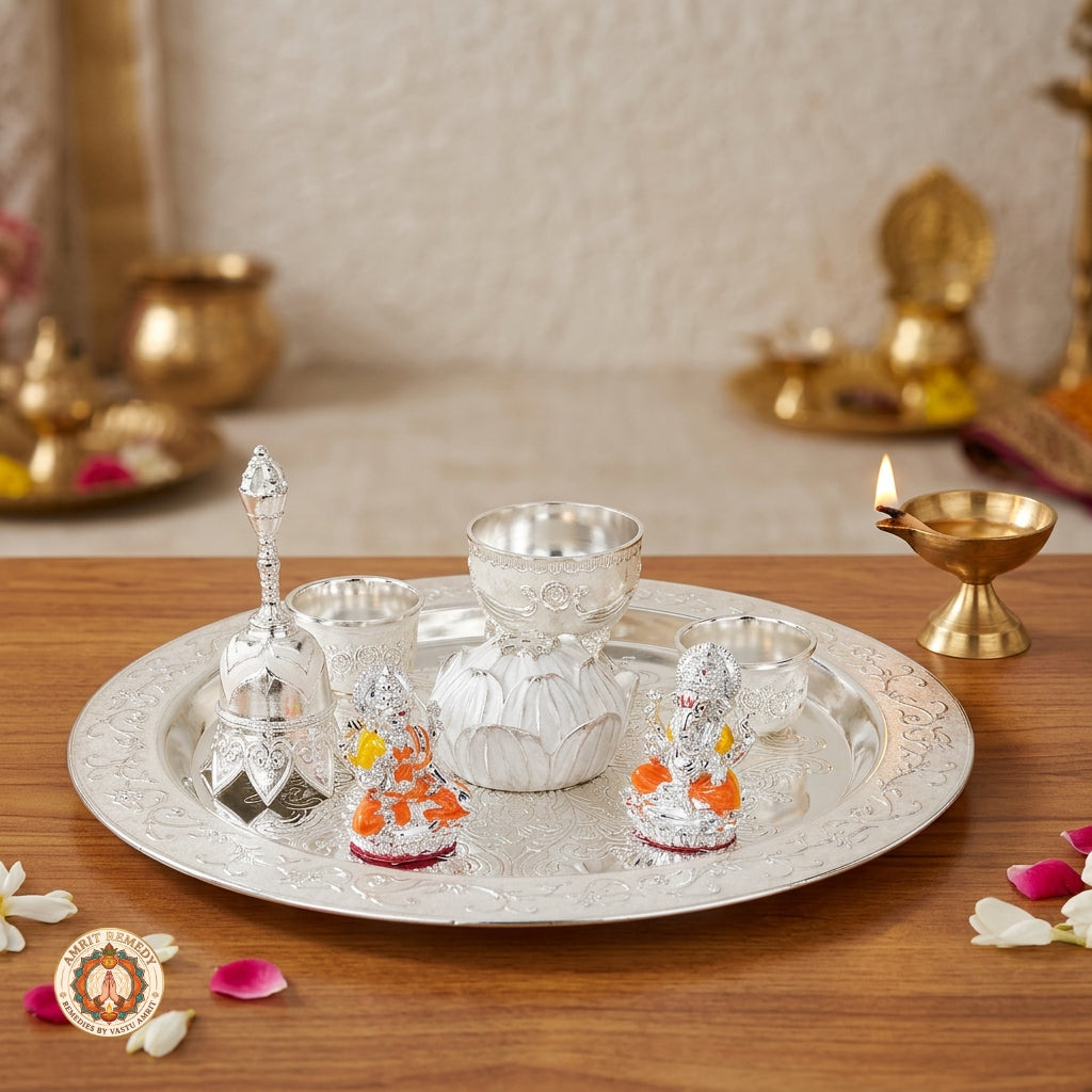 Auspicious Silver Plated Complete Mandir Thali Set in Leatherette Suitcase Gift Box
