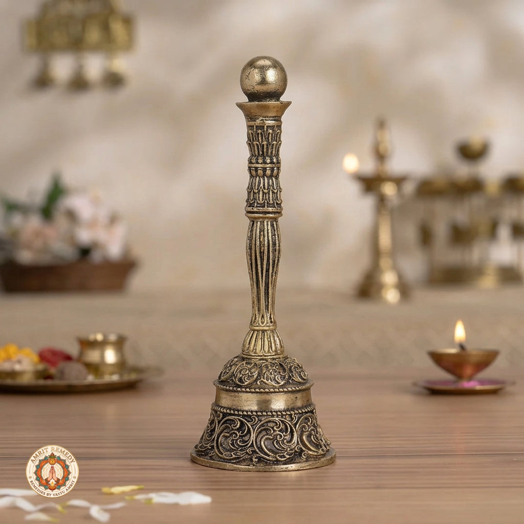 Brass Mandir Ghanti with Intricate Floral Scroll Carvings (14.5 cm)