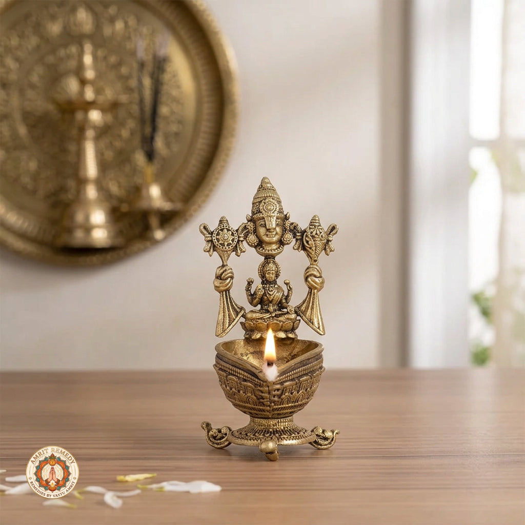 Brass Lakshmi Venkateswara Deepam for Vastu, Prosperity & Puja (8.5 cm)