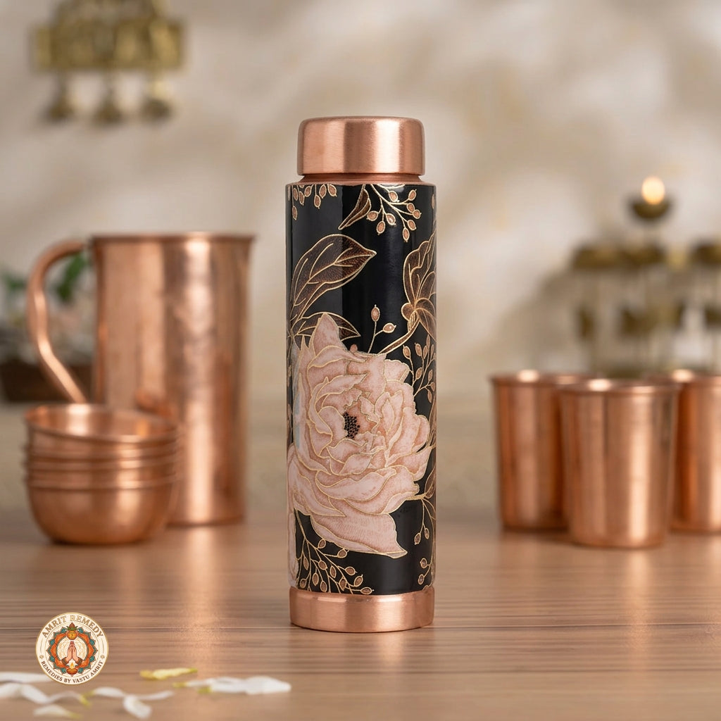 Handcrafted Pure Copper Water Bottle with Hand-Painted Blush Rose & Black Enamel Artwork (18 cm)