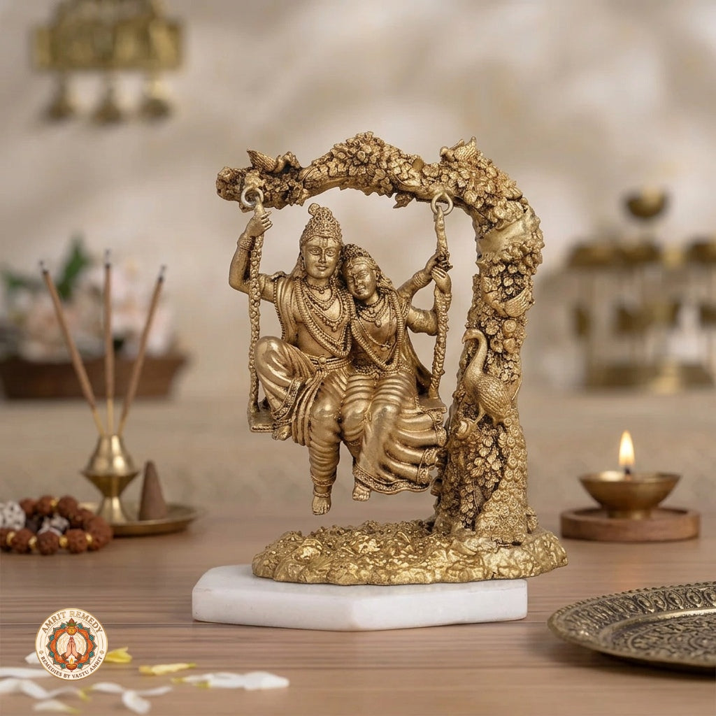 Brass Radha Krishna on Jhula Murti for Home Temple & Decor