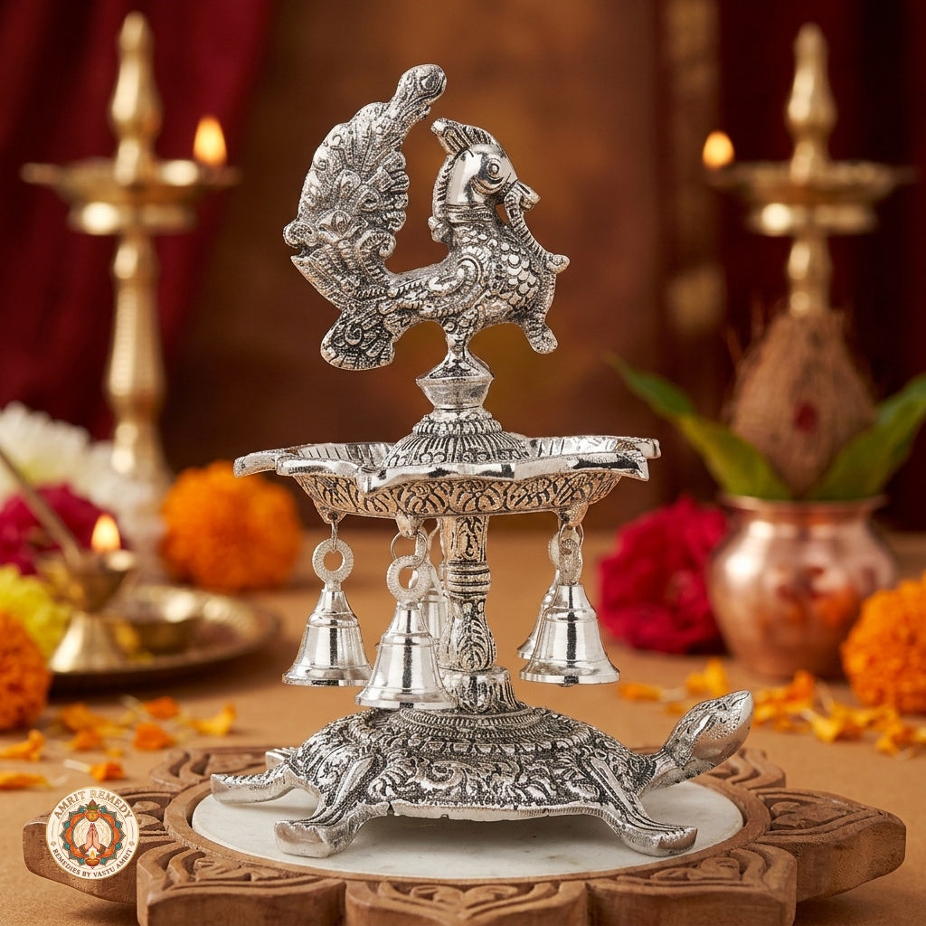Silver Plated Peacock Diya with Tortoise Pedestal & Bells (25 cm)