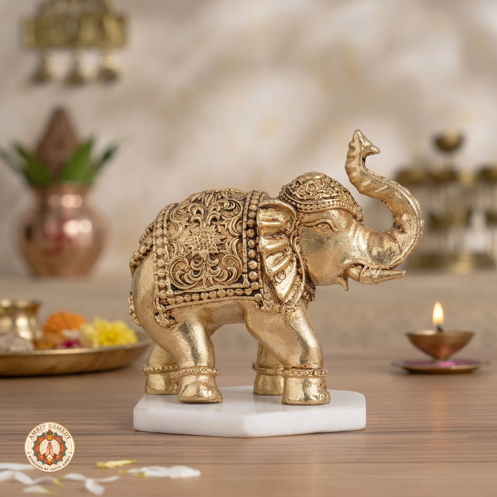 Brass Trunk-Up Royal Elephant Showpiece for Home Decor & Mandir (6.5 cm)