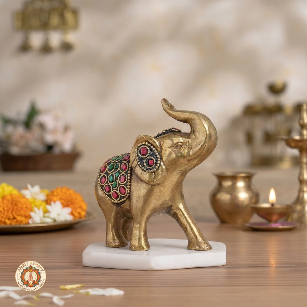 Brass Trunk-Up Elephant with Stone Work for Decor & Vastu (12 cm)